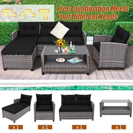 4 Pieces Patio Rattan Sofa Furniture Set with Cushion and 2-Tier Coffee Table-Black - Black - Outdoor Sectionals