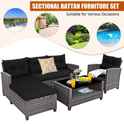 4 Pieces Patio Rattan Sofa Furniture Set with Cushion and 2-Tier Coffee Table-Black - Black - Outdoor Sectionals