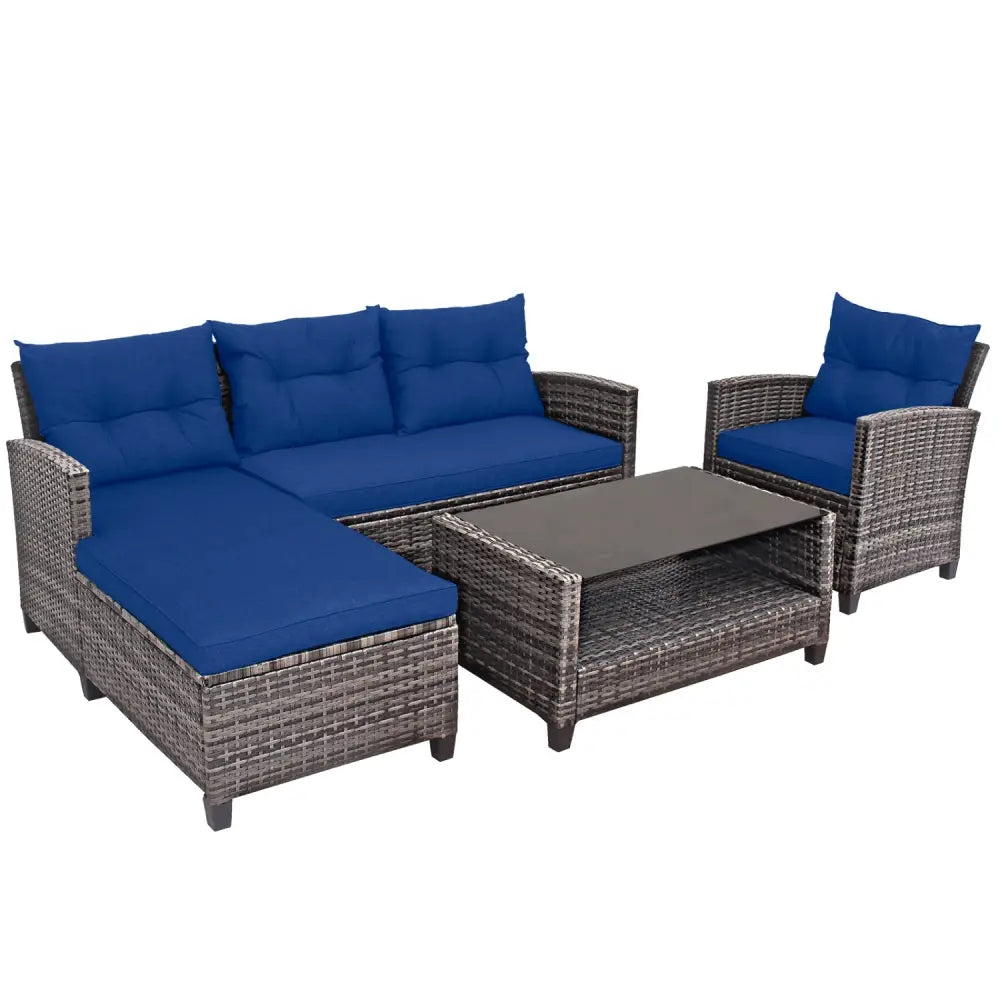 4 Pieces Patio Rattan Sofa Furniture Set with Cushion and 2-Tier Coffee Table-Navy - Navy - Outdoor Sectionals