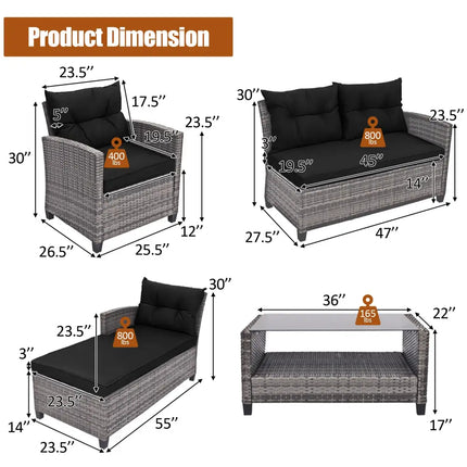 4 Pieces Patio Rattan Sofa Furniture Set with Cushion and 2-Tier Coffee Table-Black - Black - Outdoor Sectionals