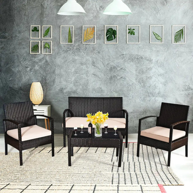 4 Pieces Patio Ratten Conversation Set with Loveseat Sofas and Coffee Table - Multicolor - Patio Conversation Sets