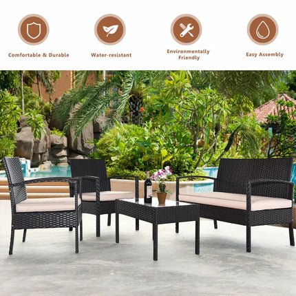 4 Pieces Patio Ratten Conversation Set with Loveseat Sofas and Coffee Table - Multicolor - Patio Conversation Sets