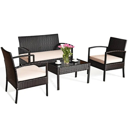 4 Pieces Patio Ratten Conversation Set with Loveseat Sofas and Coffee Table - Oasis Home Essentials
