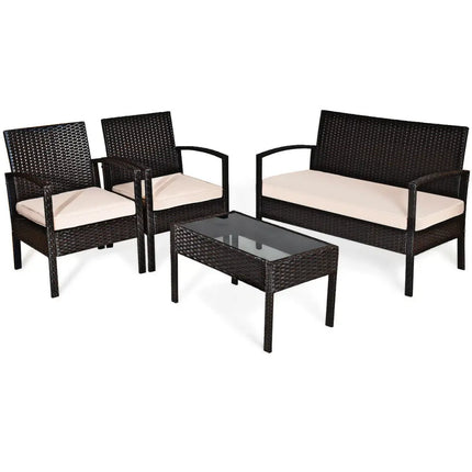 4 Pieces Patio Ratten Conversation Set with Loveseat Sofas and Coffee Table - Multicolor - Patio Conversation Sets