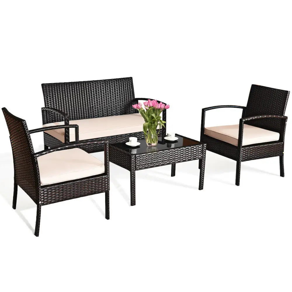 4 Pieces Patio Ratten Conversation Set with Loveseat Sofas and Coffee Table - Multicolor - Patio Conversation Sets