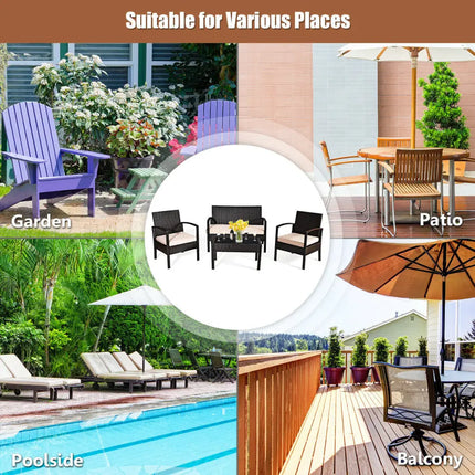 4 Pieces Patio Ratten Conversation Set with Loveseat Sofas and Coffee Table - Multicolor - Patio Conversation Sets