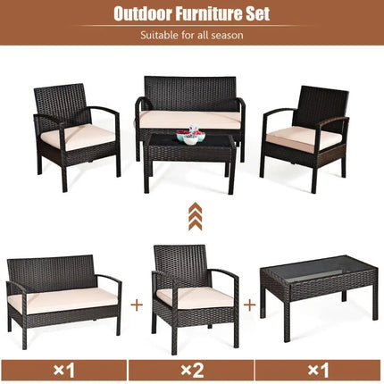 4 Pieces Patio Ratten Conversation Set with Loveseat Sofas and Coffee Table - Multicolor - Patio Conversation Sets