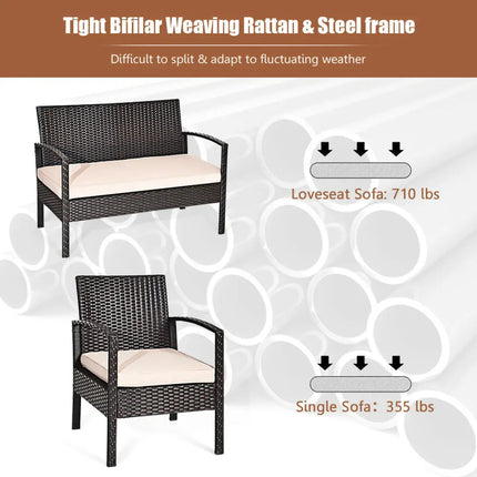 4 Pieces Patio Ratten Conversation Set with Loveseat Sofas and Coffee Table - Multicolor - Patio Conversation Sets