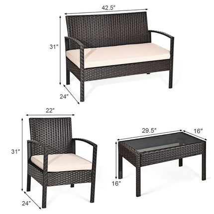 4 Pieces Patio Ratten Conversation Set with Loveseat Sofas and Coffee Table - Multicolor - Patio Conversation Sets