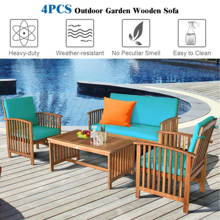 4 Pieces Patio Solid Wood Furniture Set-Blue - Blue - Patio Conversation Sets