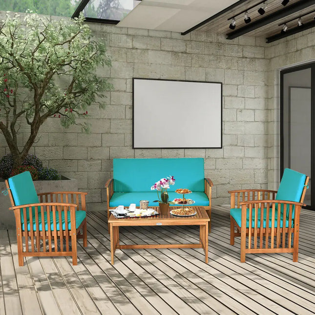 4 Pieces Patio Solid Wood Furniture Set-Blue - Blue - Patio Conversation Sets