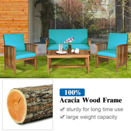 4 Pieces Patio Solid Wood Furniture Set-Blue - Blue - Patio Conversation Sets