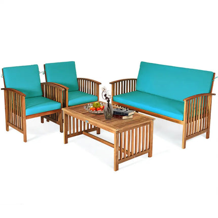 4 Pieces Patio Solid Wood Furniture Set-Blue - Blue - Patio Conversation Sets
