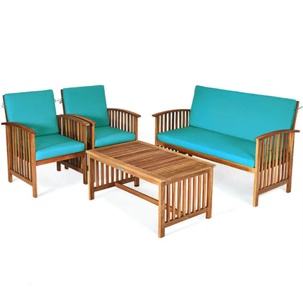 4 Pieces Patio Solid Wood Furniture Set-Blue - Blue - Patio Conversation Sets