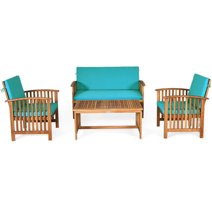 4 Pieces Patio Solid Wood Furniture Set-Blue - Blue - Patio Conversation Sets