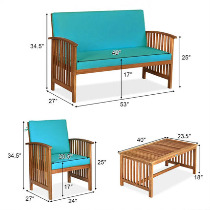 4 Pieces Patio Solid Wood Furniture Set-Blue - Blue - Patio Conversation Sets
