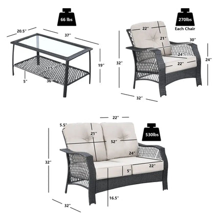4 Pieces Patio Wicker Furniture Set Loveseat Sofa Coffee Table with Cushion-Beige - Beige - Patio Conversation Sets
