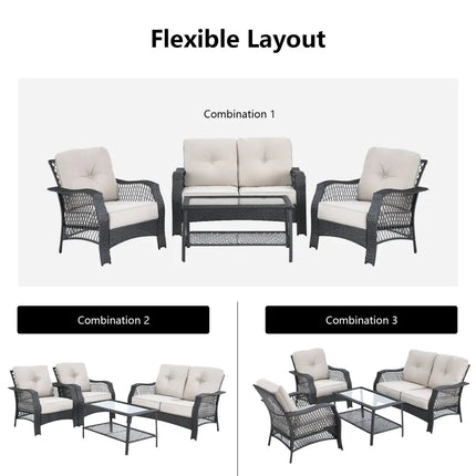 4 Pieces Patio Wicker Furniture Set Loveseat Sofa Coffee Table with Cushion-Beige - Beige - Patio Conversation Sets