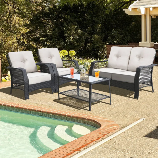 4 Pieces Patio Wicker Furniture Set Loveseat Sofa Coffee Table with Cushion-Beige - Beige - Patio Conversation Sets