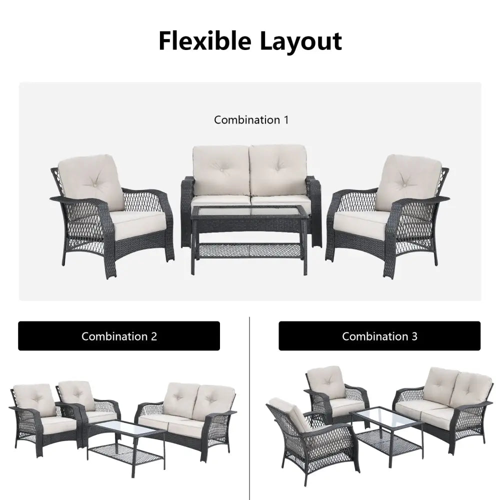 4 Pieces Patio Wicker Furniture Set Loveseat Sofa Coffee Table with Cushion-Beige - Beige - Patio Conversation Sets