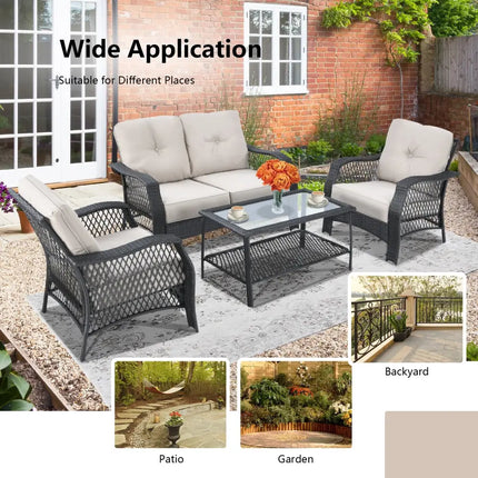 4 Pieces Patio Wicker Furniture Set Loveseat Sofa Coffee Table with Cushion-Beige - Beige - Patio Conversation Sets