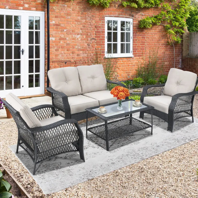 4 Pieces Patio Wicker Furniture Set Loveseat Sofa Coffee Table with Cushion-Beige - Beige - Patio Conversation Sets
