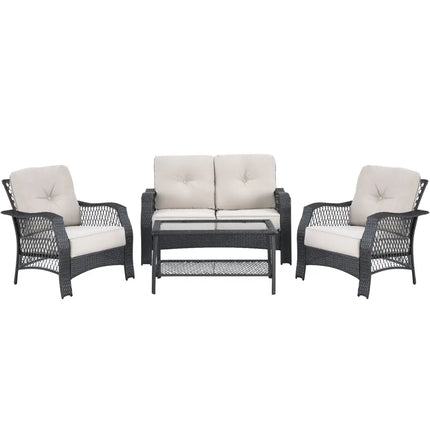 4 Pieces Patio Wicker Furniture Set Loveseat Sofa Coffee Table with Cushion-Beige - Beige - Patio Conversation Sets