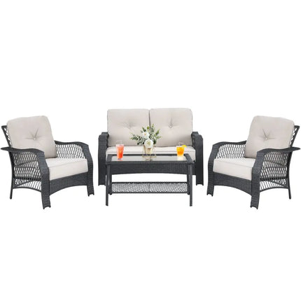 4 Pieces Patio Wicker Furniture Set Loveseat Sofa Coffee Table with Cushion-Beige - Beige - Patio Conversation Sets