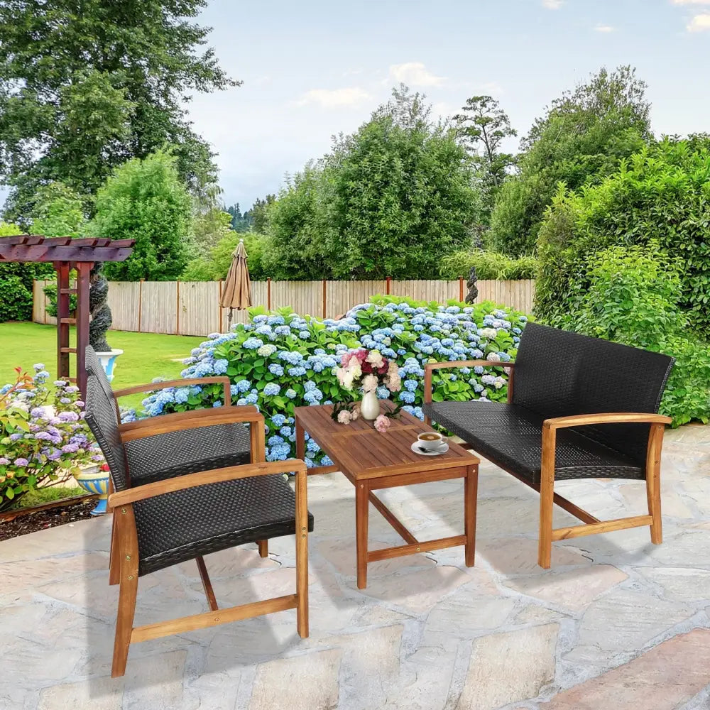 4 Pieces PE Rattan Patio Furniture Set with Acacia Wood - Patio Conversation Sets