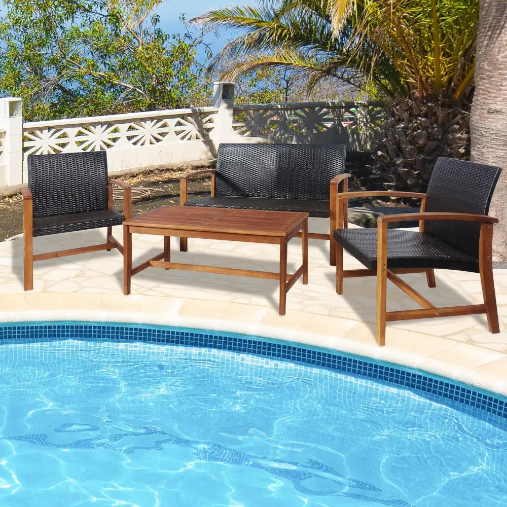 4 Pieces PE Rattan Patio Furniture Set with Acacia Wood - Patio Conversation Sets