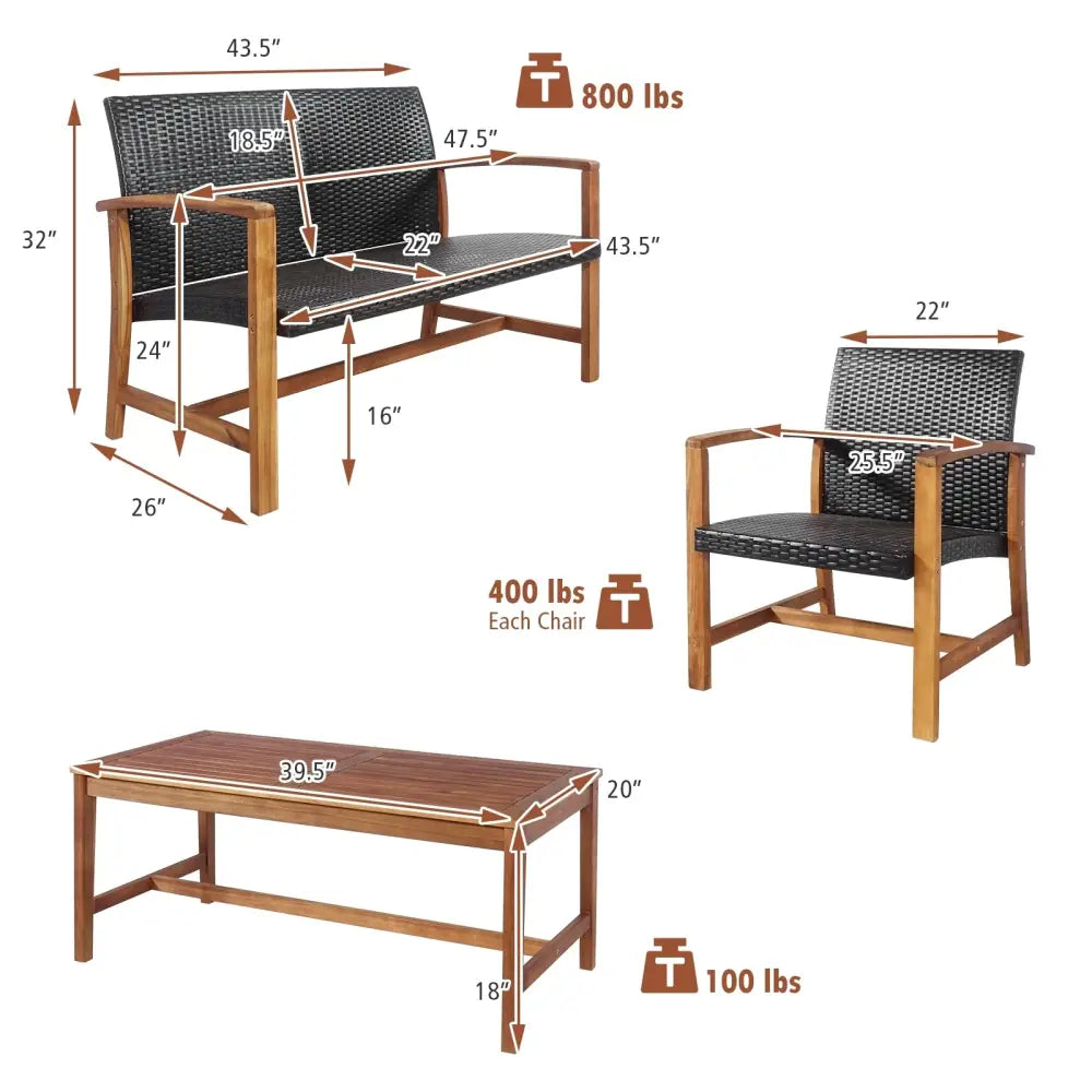 4 Pieces PE Rattan Patio Furniture Set with Acacia Wood - Patio Conversation Sets