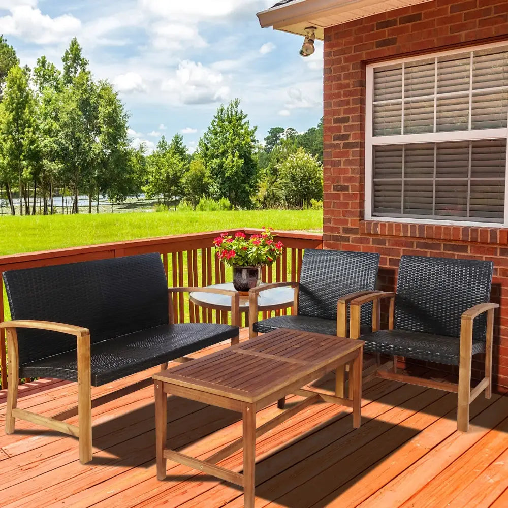 4 Pieces PE Rattan Patio Furniture Set with Acacia Wood - Patio Conversation Sets