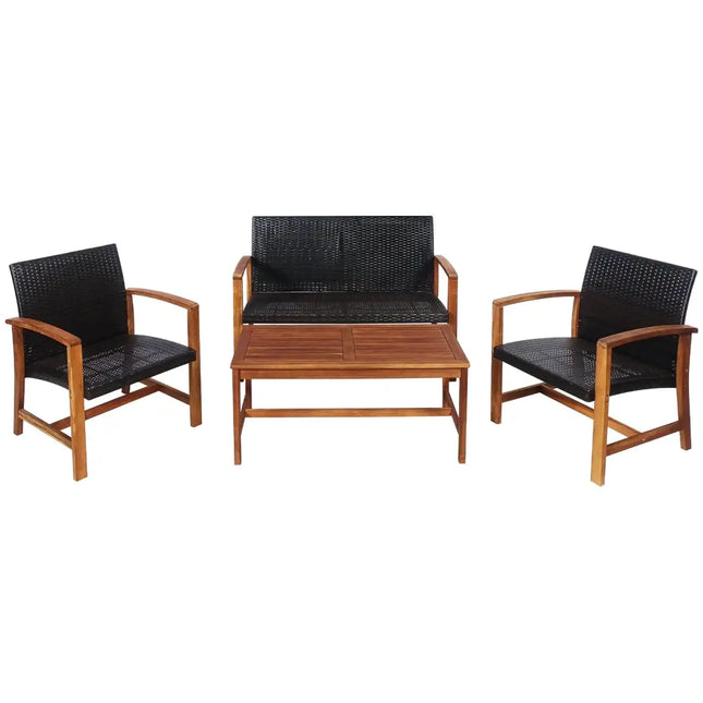 4 Pieces PE Rattan Patio Furniture Set with Acacia Wood - Patio Conversation Sets