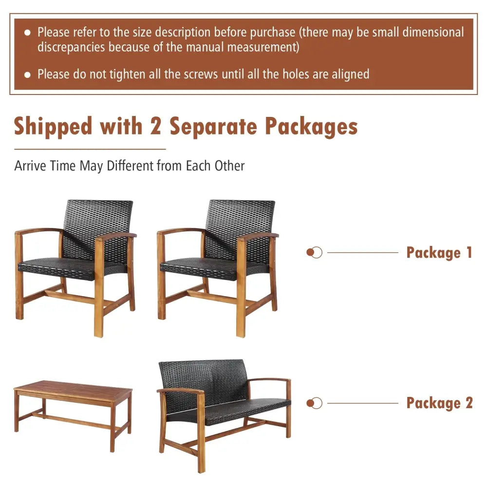 4 Pieces PE Rattan Patio Furniture Set with Acacia Wood - Patio Conversation Sets