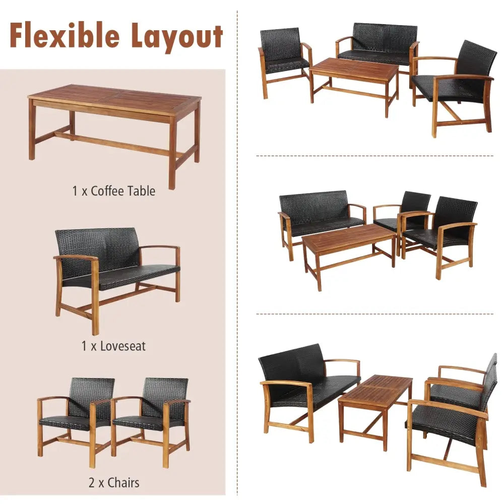 4 Pieces PE Rattan Patio Furniture Set with Acacia Wood - Patio Conversation Sets