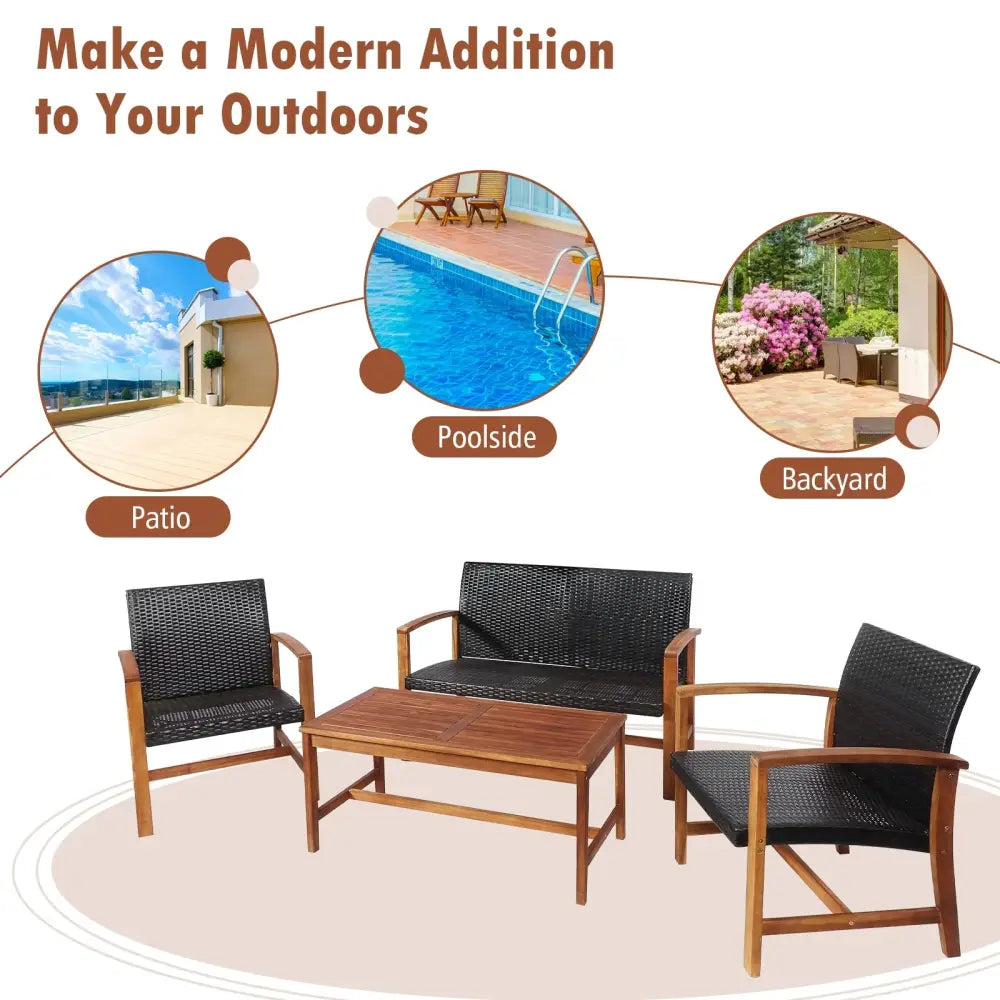 4 Pieces PE Rattan Patio Furniture Set with Acacia Wood - Patio Conversation Sets