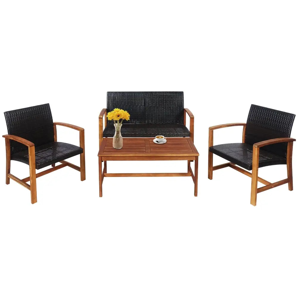 4 Pieces PE Rattan Patio Furniture Set with Acacia Wood - Patio Conversation Sets