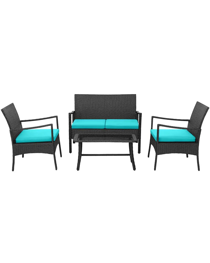 4 Pieces Rattan Conversation Set with Tempered Glass Coffee Table-Turquoise - Turquoise - Patio Conversation Sets