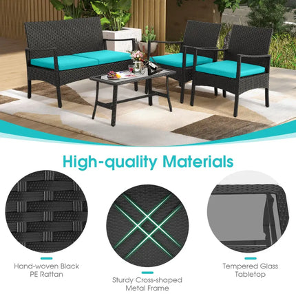 4 Pieces Rattan Conversation Set with Tempered Glass Coffee Table-Turquoise - Turquoise - Patio Conversation Sets