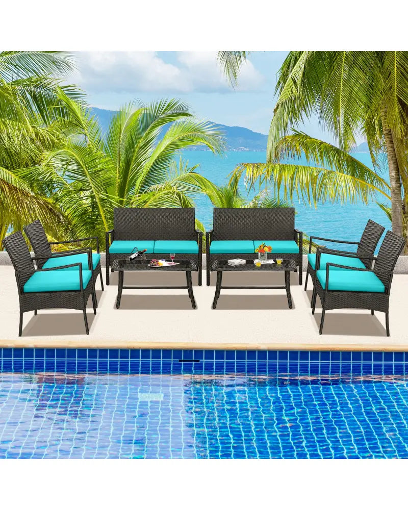 4 Pieces Rattan Conversation Set with Tempered Glass Coffee Table-Turquoise - Turquoise - Patio Conversation Sets