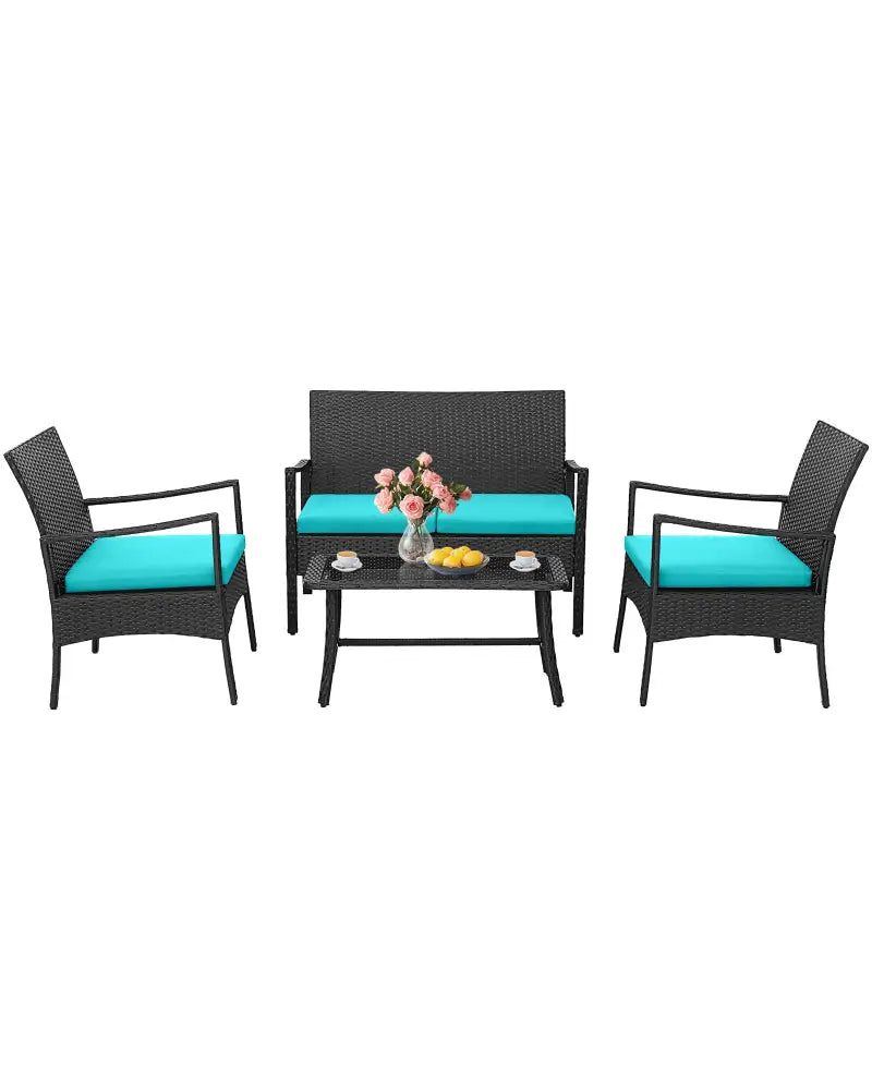 4 Pieces Rattan Conversation Set with Tempered Glass Coffee Table-Turquoise - Turquoise - Patio Conversation Sets