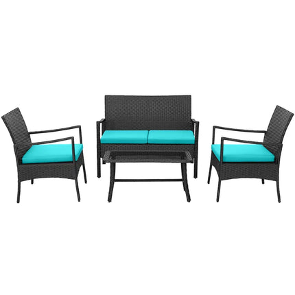 4 Pieces Rattan Conversation Set with Tempered Glass Coffee Table-Turquoise - Turquoise - Patio Conversation Sets