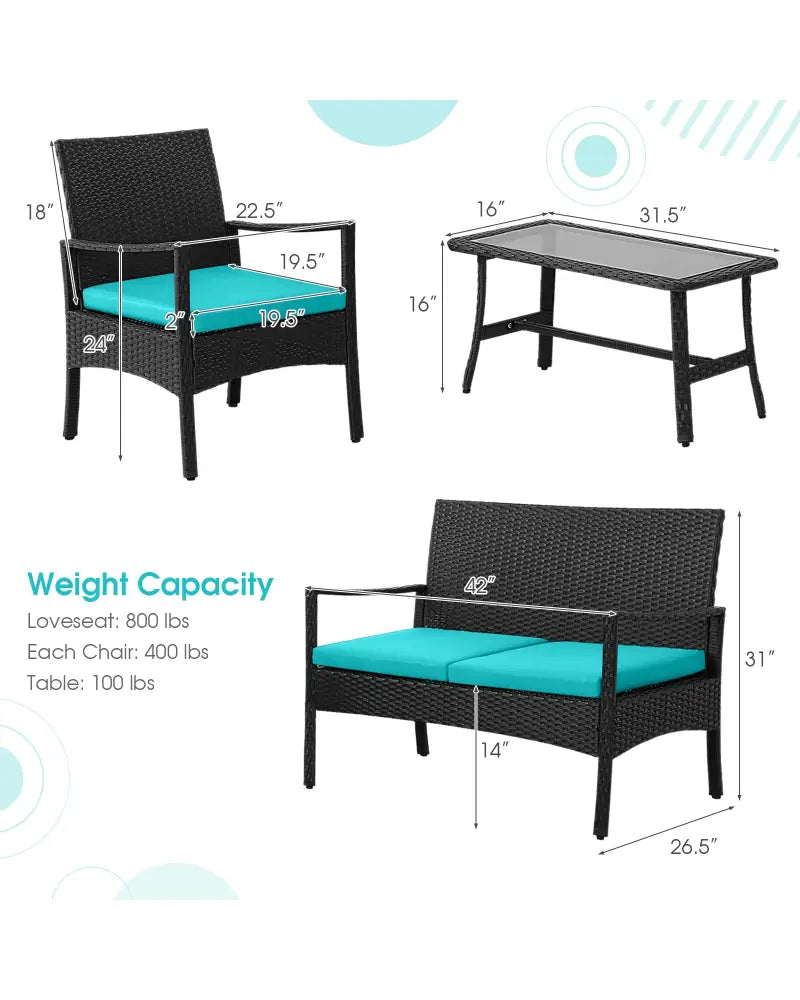 4 Pieces Rattan Conversation Set with Tempered Glass Coffee Table-Turquoise - Turquoise - Patio Conversation Sets