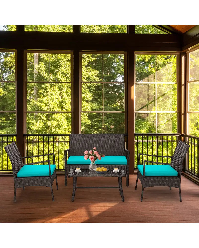 4 Pieces Rattan Conversation Set with Tempered Glass Coffee Table-Turquoise - Turquoise - Patio Conversation Sets