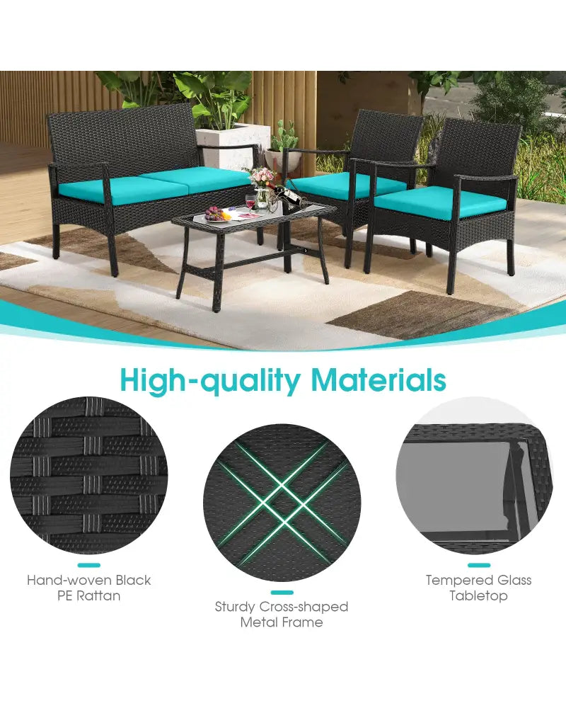 4 Pieces Rattan Conversation Set with Tempered Glass Coffee Table-Turquoise - Turquoise - Patio Conversation Sets