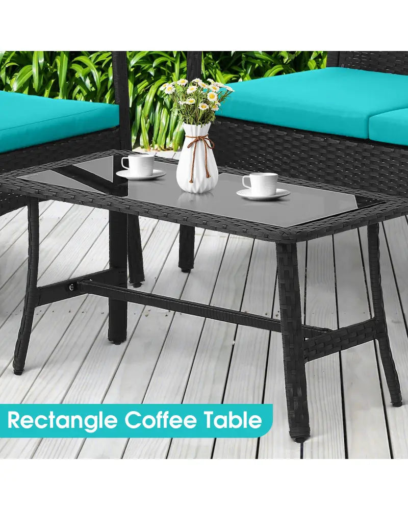 4 Pieces Rattan Conversation Set with Tempered Glass Coffee Table-Turquoise - Turquoise - Patio Conversation Sets