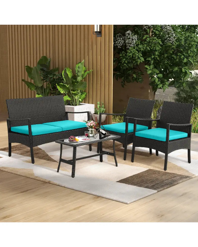 4 Pieces Rattan Conversation Set with Tempered Glass Coffee Table-Turquoise - Turquoise - Patio Conversation Sets