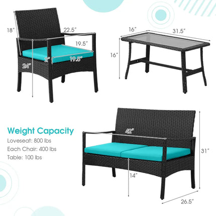 4 Pieces Rattan Conversation Set with Tempered Glass Coffee Table-Turquoise - Turquoise - Patio Conversation Sets