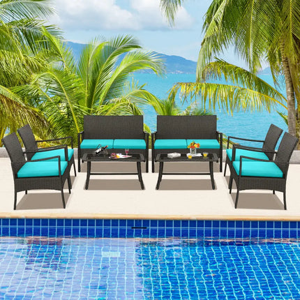 4 Pieces Rattan Conversation Set with Tempered Glass Coffee Table-Turquoise - Turquoise - Patio Conversation Sets