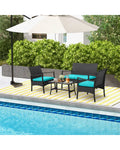 4 Pieces Rattan Conversation Set with Tempered Glass Coffee Table-Turquoise - Turquoise - Patio Conversation Sets